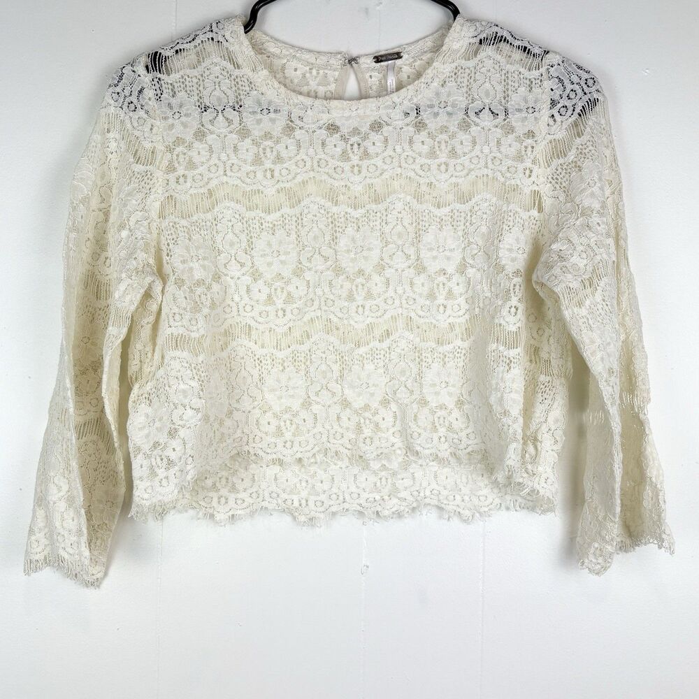 Free People Blouse Top Ivory Romantic Cropped Lace Fairycore Cottagecore, Medium